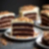 Rich layers of German chocolate cake with coconut frosting