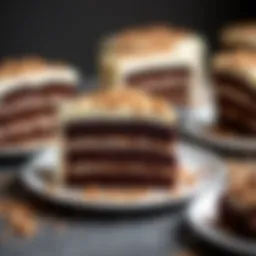 Rich layers of German chocolate cake with coconut frosting