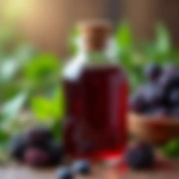 A beautifully arranged elderberry syrup bottle with herbs