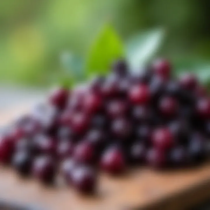 A close-up of fresh elderberries on a wooden table