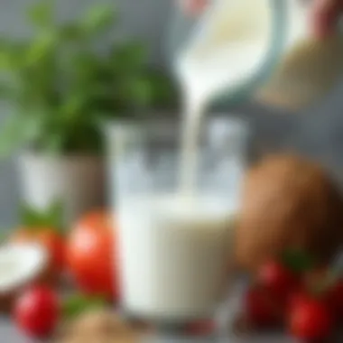 Coconut milk being poured into a blender with fresh ingredients.