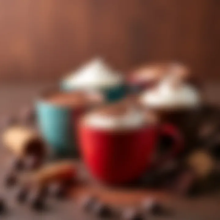 Vibrant selection of gourmet hot chocolate flavors presented in stylish cups